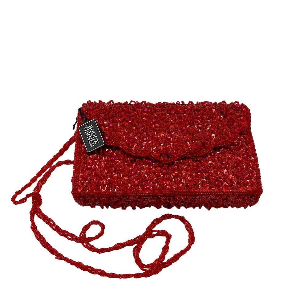 Vintage Bijoux Terner Red‎ Beaded Purse NWT NEW Snap Button Closure Crossbody